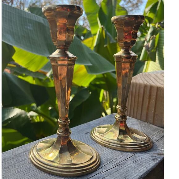 Vintage Solid Brass Candlestick Holders. tall. heavy. matching oval top & bottom - Picture 1 of 9
